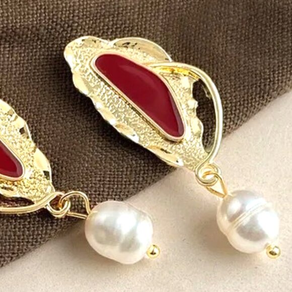 ABSTRACT LONG EARRING PLUM ENAMEL INLAY FRESHWATER PEARL DANGLE STATEMENT - Picture 3 of 3